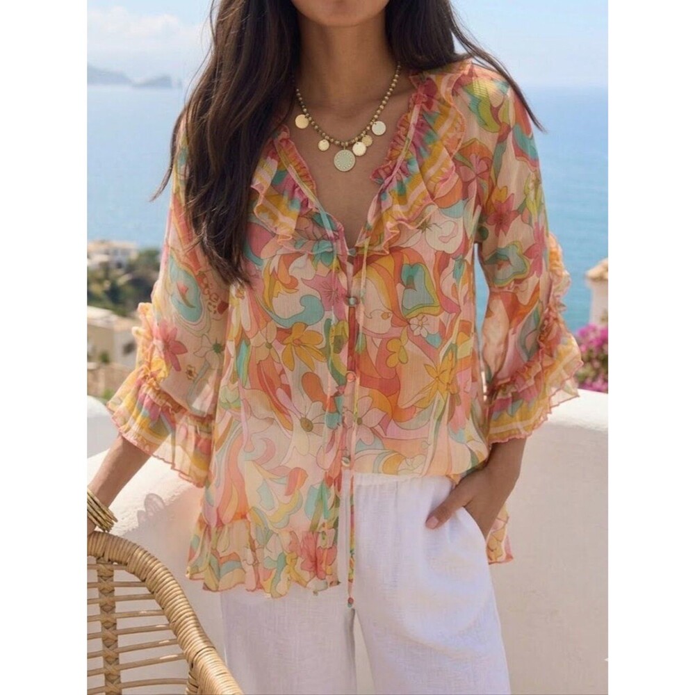 Johnny Was Gal Ruffle Tie Blouse Boho Chic Floral Silk Mix NWT Size Small
